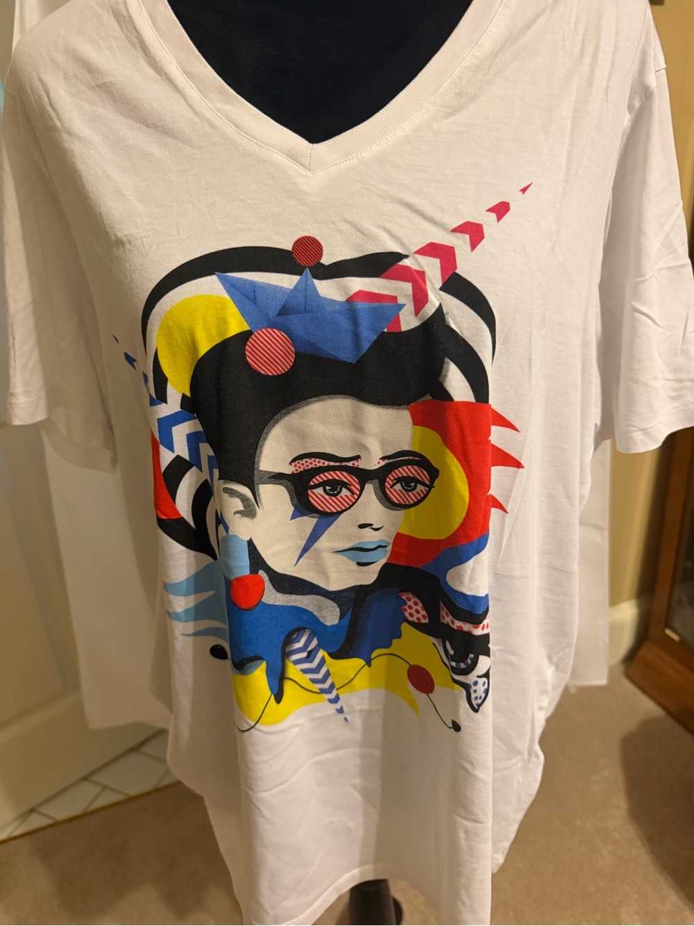 Kids White Graphic V-Neck Tee with Multicolor Pop Art Design